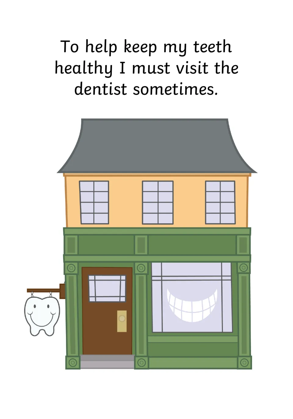 Social story page 3 explains visiting the dentist to help keep teeth healthy, showing a dental office