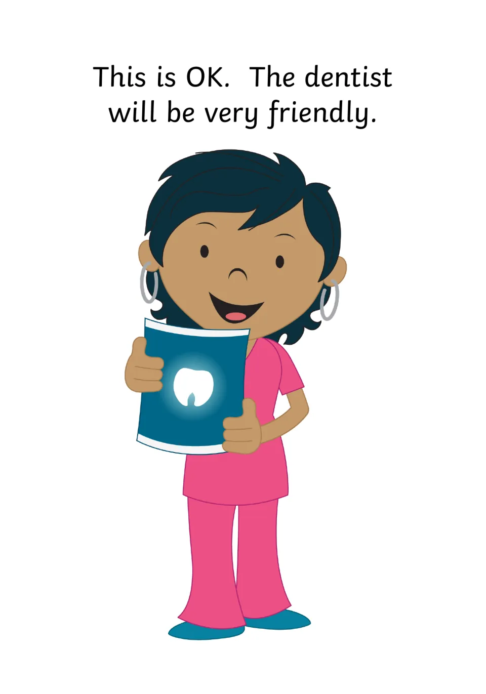 Social story page 4 reassures the child that the dentist will be friendly, showing a smiling dentist