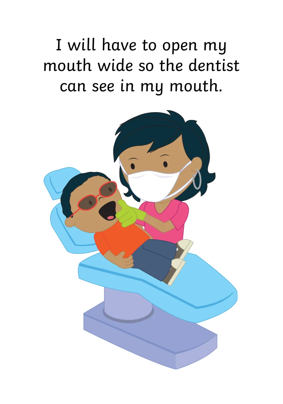 Social story page 9 explains opening the mouth wide so the dentist can see inside during the examination