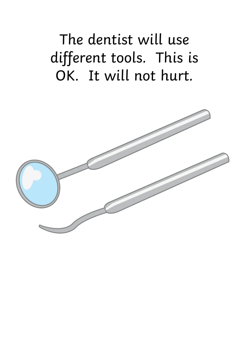 Social story page 10 introduces the dentist's different tools, showing a dental mirror and curved instrument