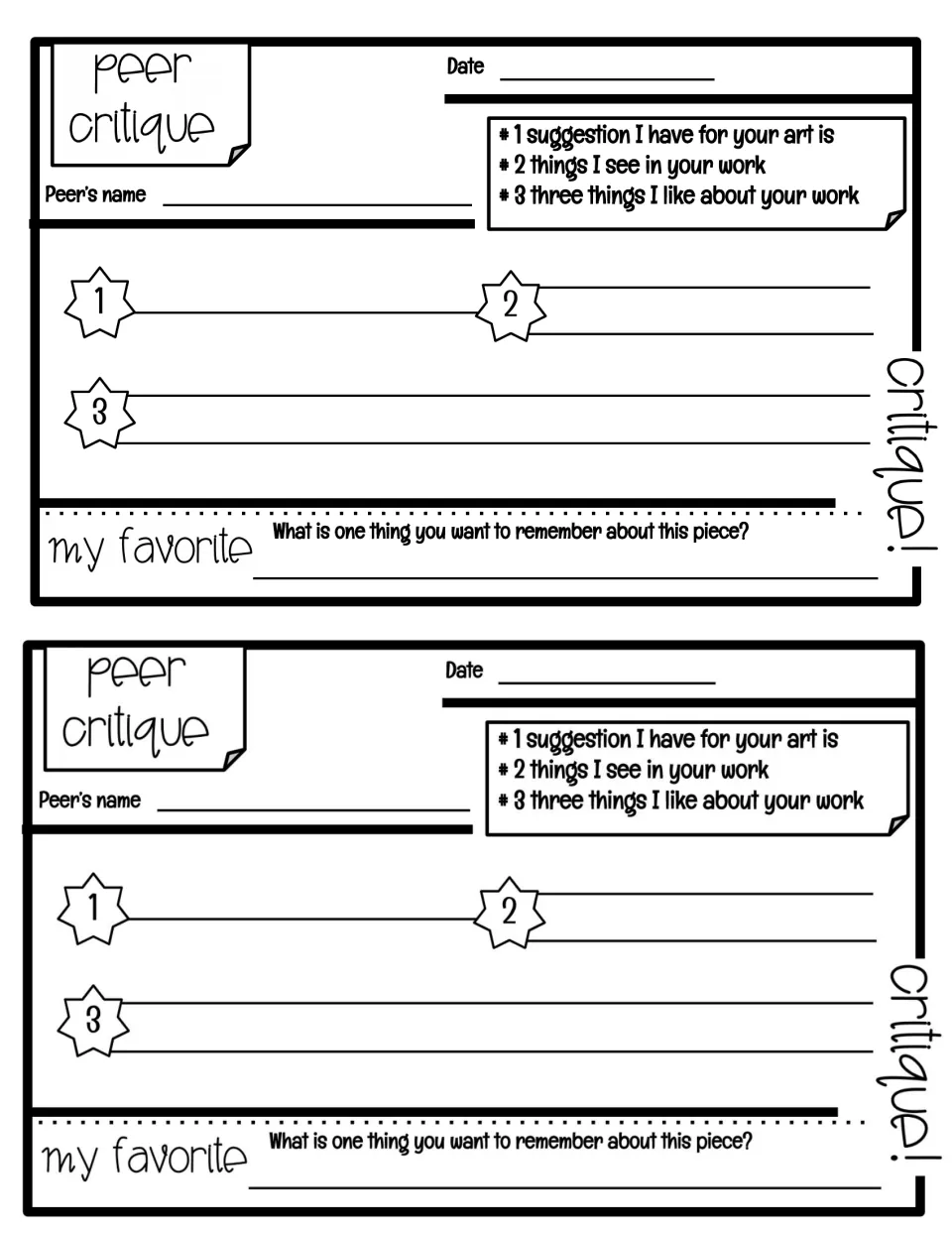Peer critique form, printed twice, asks for one suggestion, two observations, three likes, and a favorite.