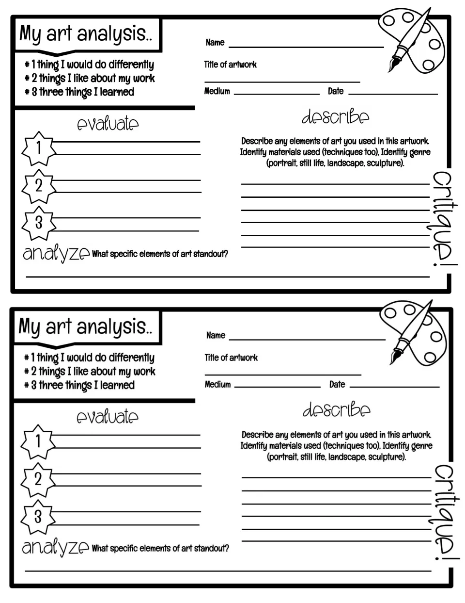 Art self-analysis form, printed twice, asks students to evaluate, describe, and analyze their artwork.