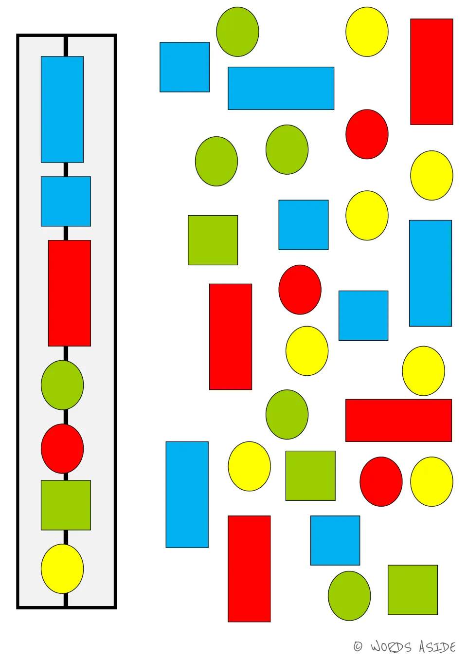 Set 1 matching board: blue and red rectangles, blue and green squares, and green, red, and yellow ovals