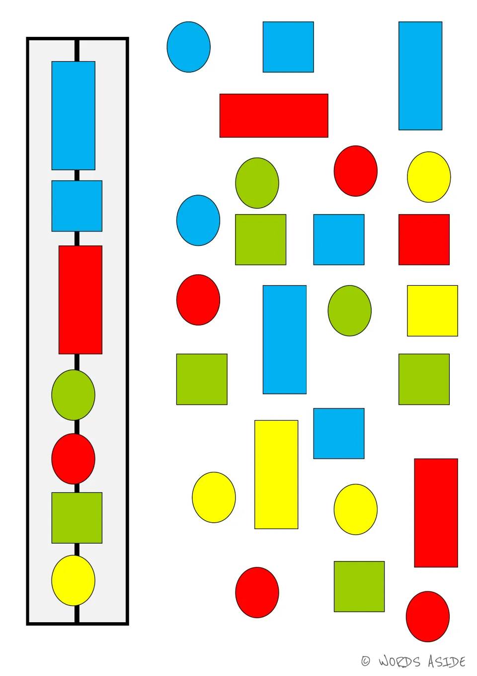 Set 1 mixed-choice board: colored shapes include blue ovals, a red square, and a yellow rectangle