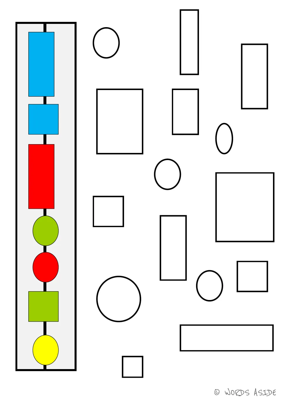 Set 1 uncolored-shape board: rectangle, square, and oval outlines in varied sizes beside the color guide