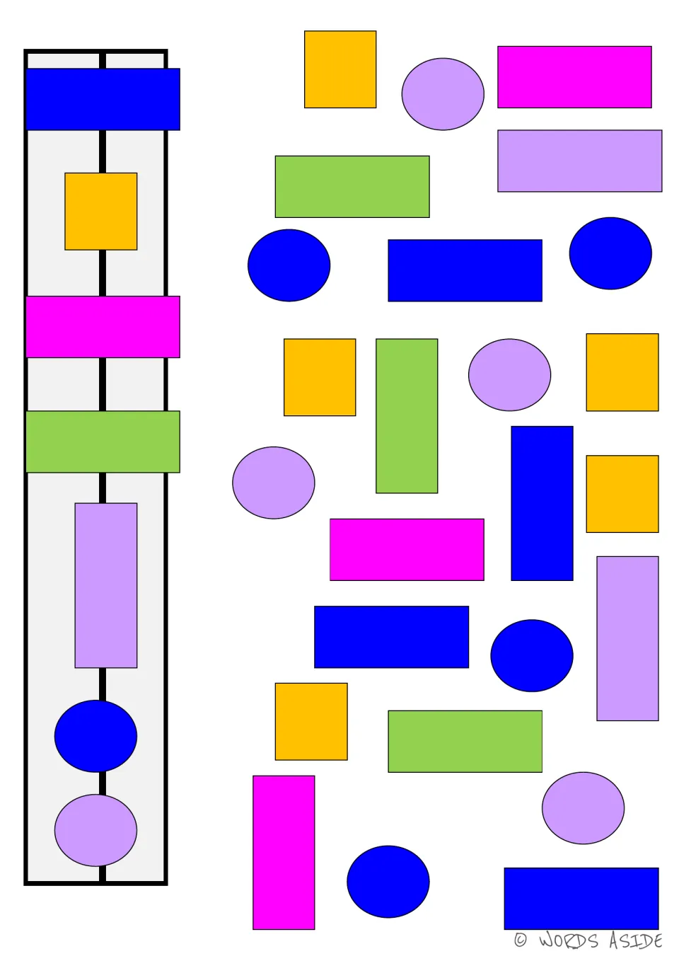 Set 2 matching board: blue, pink, green, and lavender rectangles, gold squares, and blue and lavender ovals