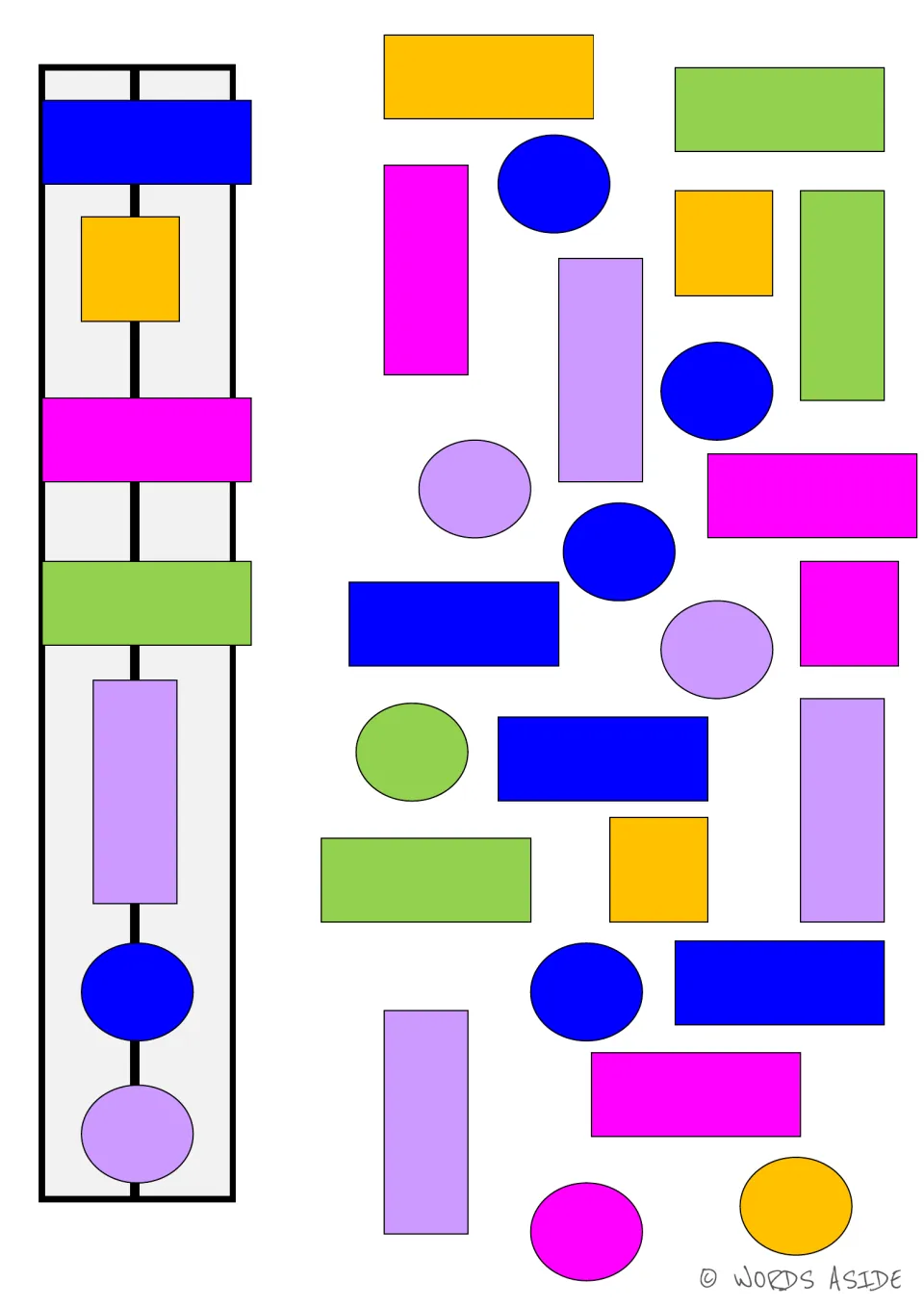 Set 2 mixed-choice board: colored shapes include a gold rectangle, a pink square, and a green oval