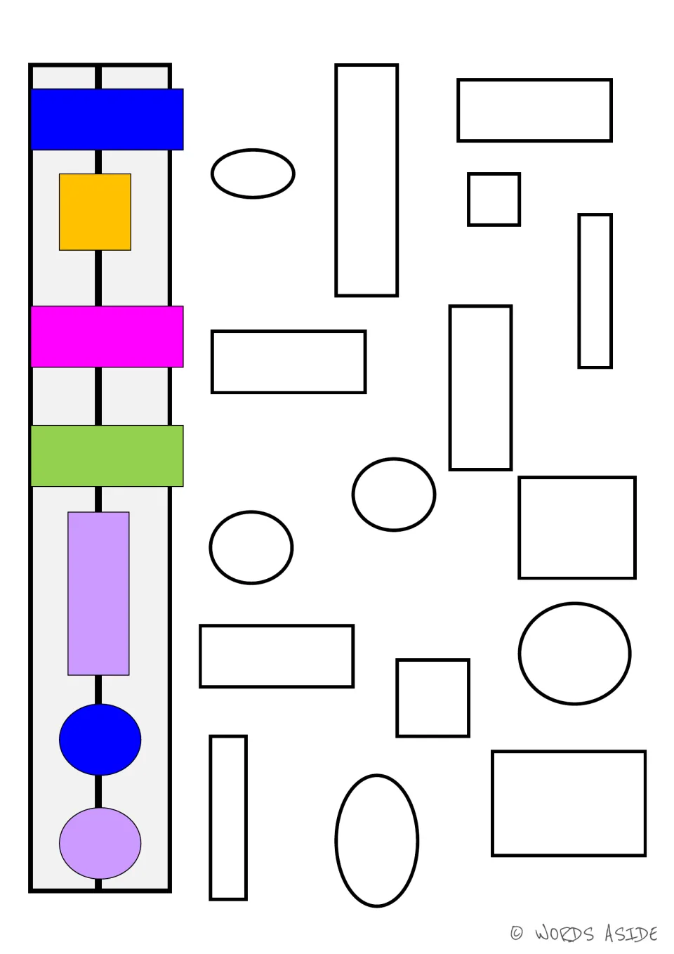 Set 2 uncolored-shape board: oval, square, and rectangle outlines accompany the blue and lavender oval guide