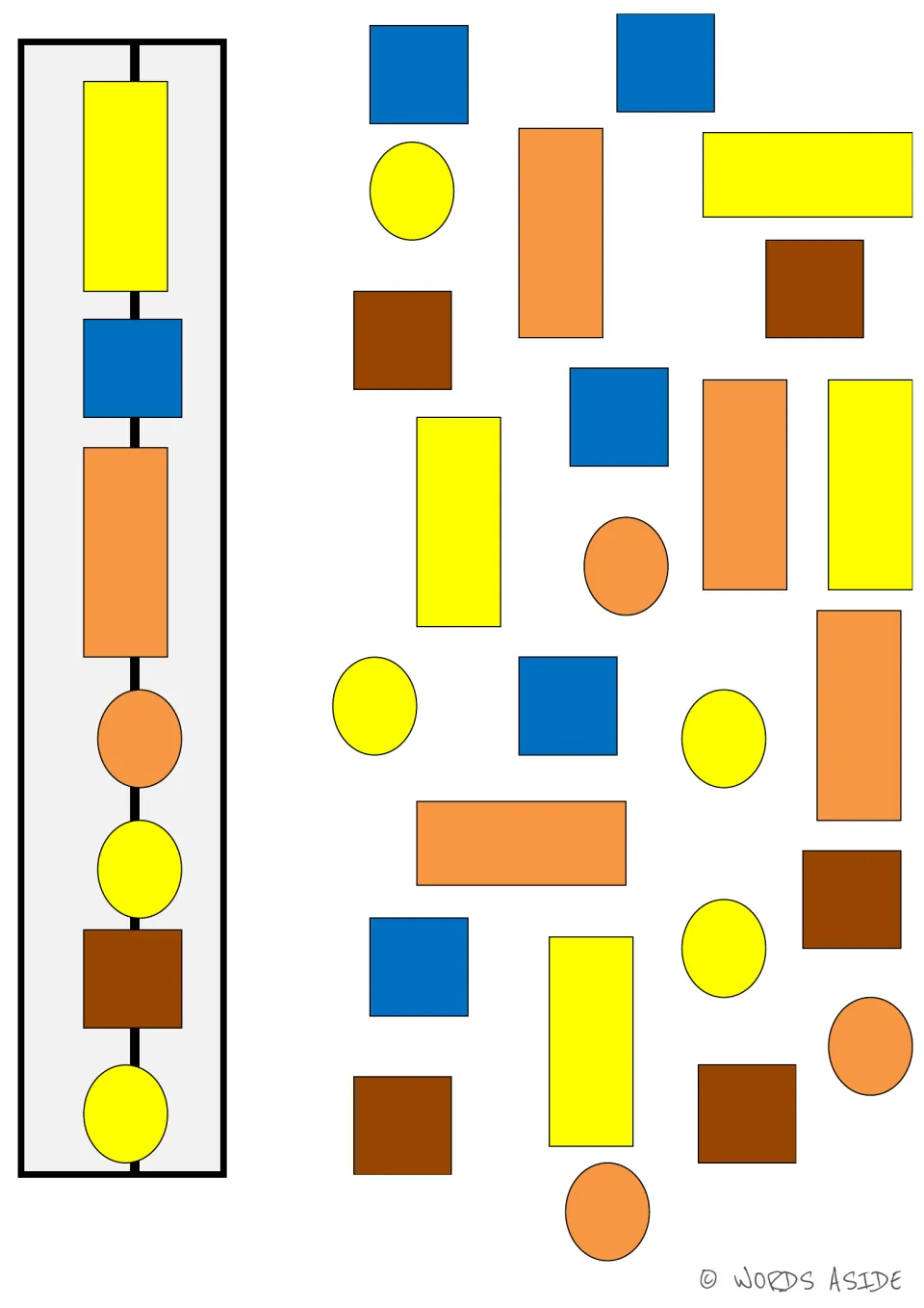 Set 3 matching board: yellow and orange rectangles, blue and brown squares, and orange and yellow ovals