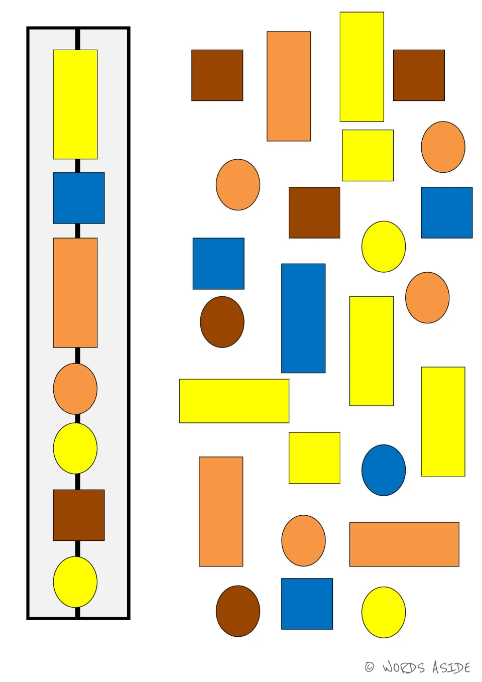 Set 3 mixed-choice board: colored shapes include yellow squares, brown and blue ovals, and a blue rectangle