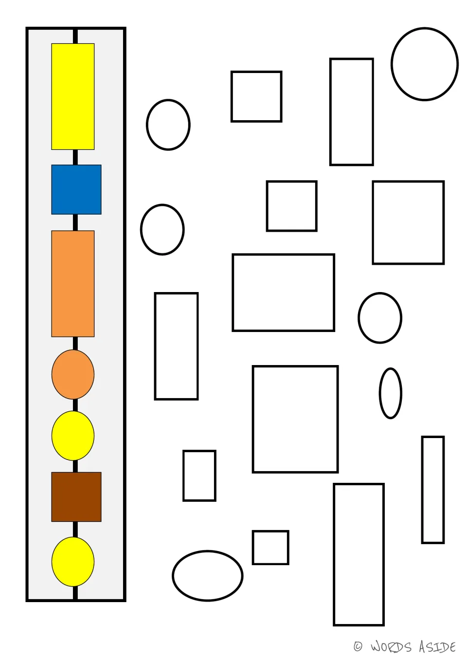 Set 3 uncolored-shape board: varied outline shapes accompany a yellow, blue, orange, and brown guide