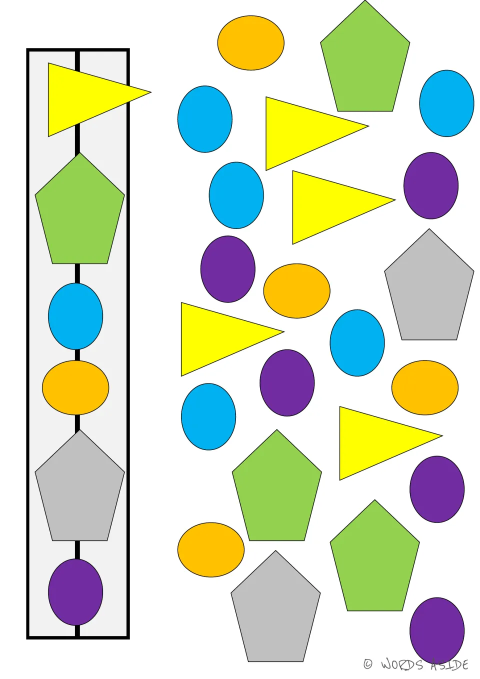 Set 4 matching board: yellow triangles, green and gray pentagons, and blue, gold, and purple ovals