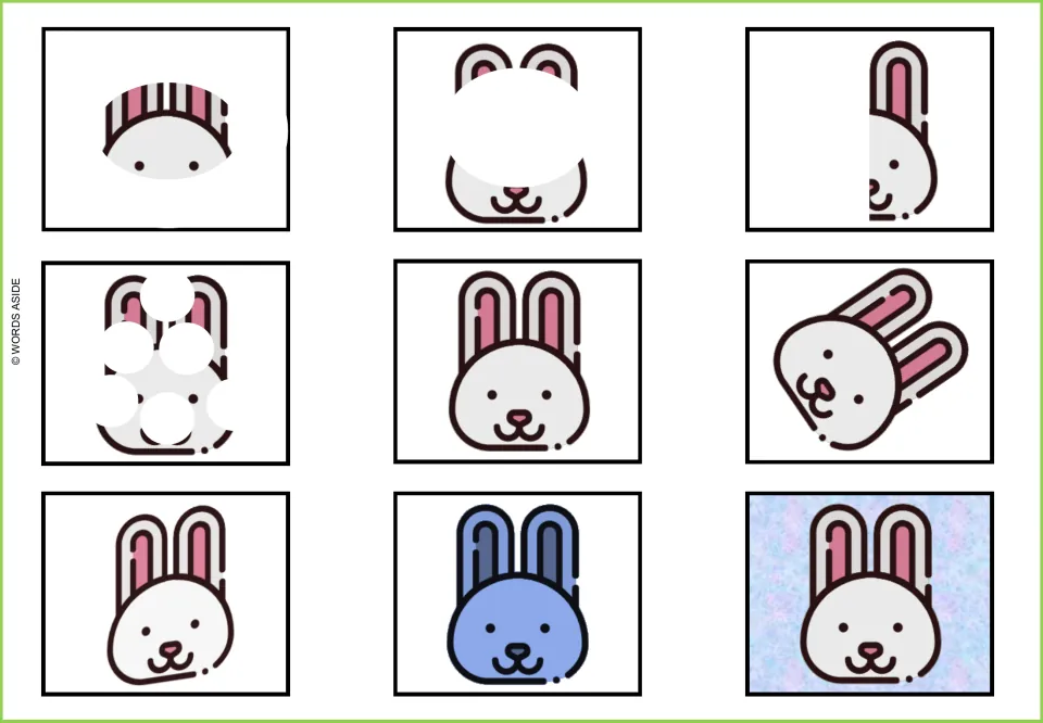 Rabbit visual perception mat: nine versions with hidden facial features, tilted ears, and a blue variation
