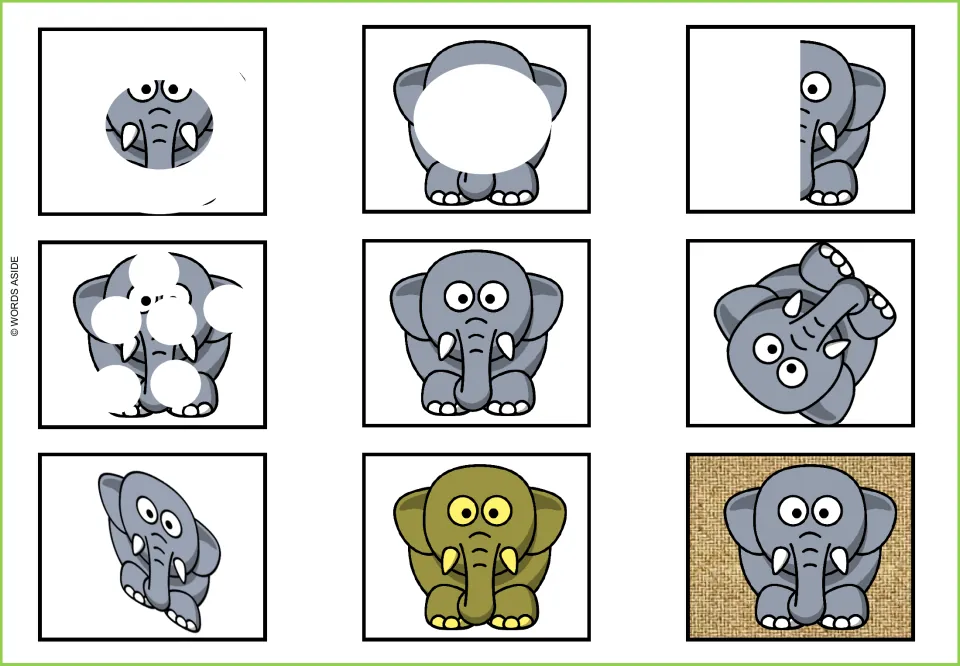 Elephant visual perception mat: nine versions with a whole gray elephant, hidden parts, and altered shapes