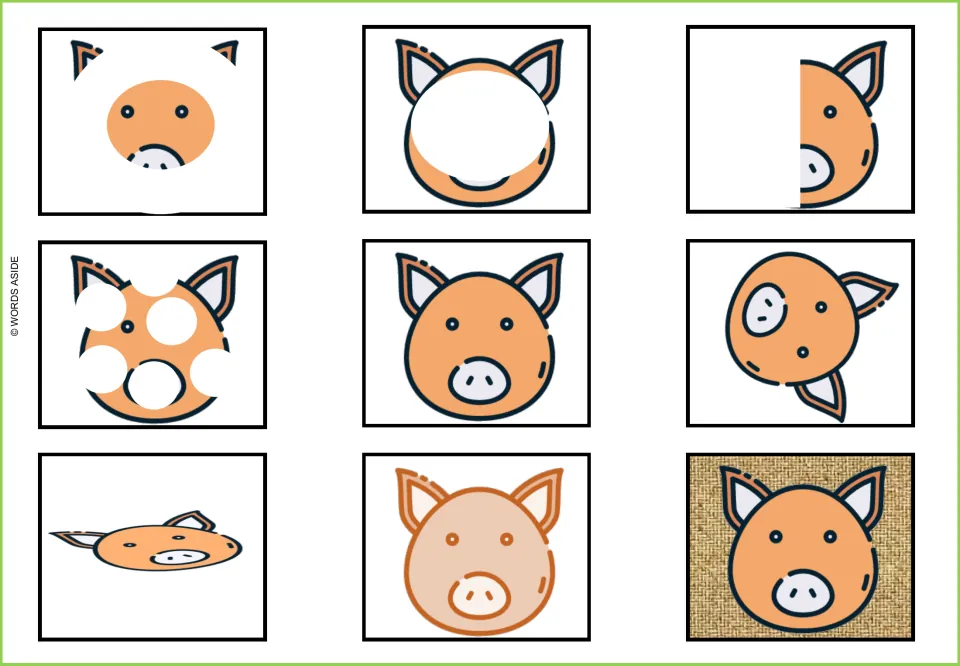 Pig visual perception mat: nine versions, including partially hidden, rotated, flattened and recolored pigs