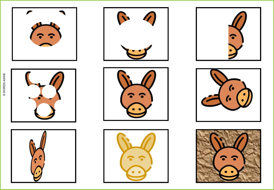 Donkey visual perception mat: nine versions, including partially hidden, rotated and narrowed donkey faces