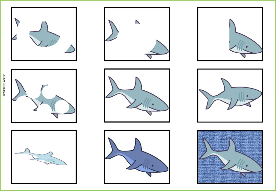 Shark visual perception mat: nine versions, including partially hidden, rotated, flattened and recolored sharks