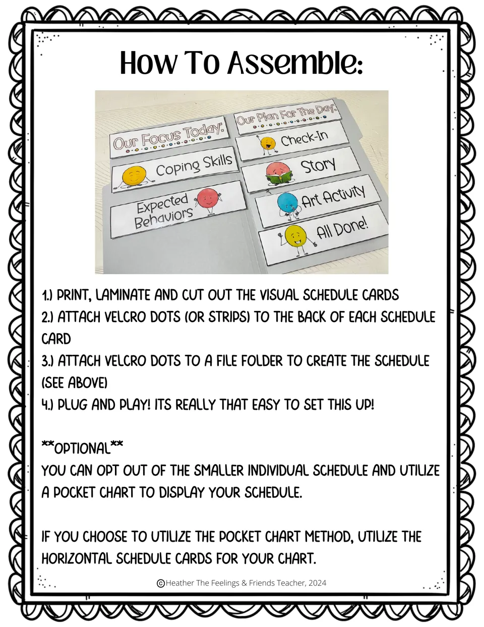 Visual schedule assembly instructions: print, laminate, cut, and attach cards to a file folder with Velcro.