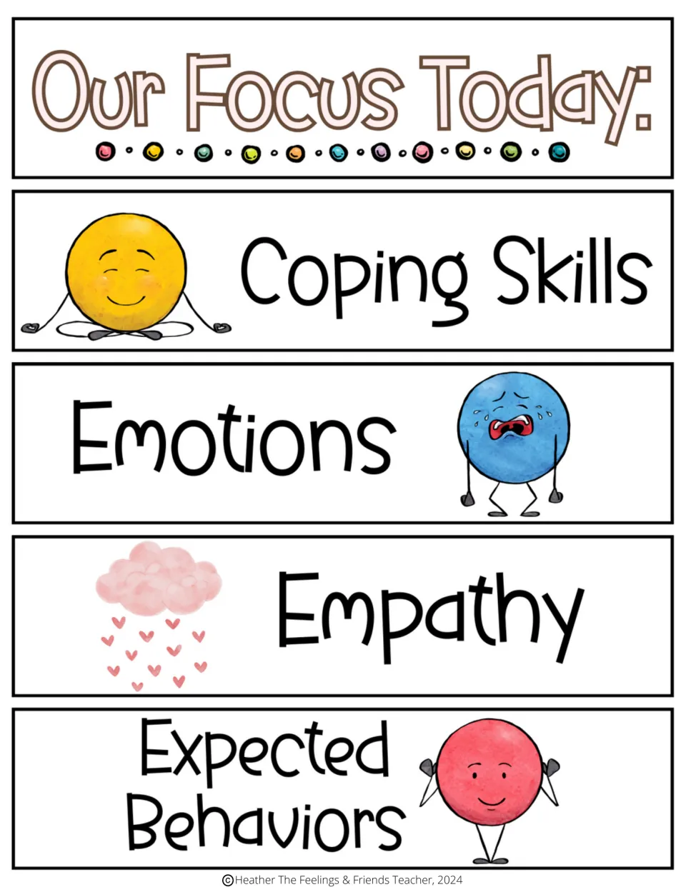 Schedule header Our Focus Today and topic cards for Coping Skills, Emotions, Empathy, and Expected Behaviors.