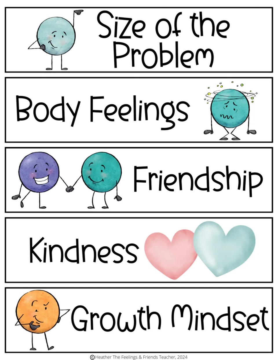 Counseling topic cards: Size of the Problem, Body Feelings, Friendship, Kindness, and Growth Mindset.
