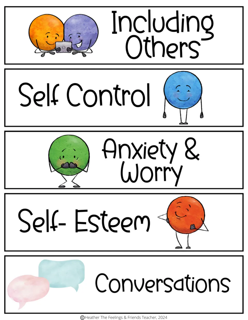 Counseling topic cards: Including Others, Self Control, Anxiety & Worry, Self-Esteem, and Conversations.