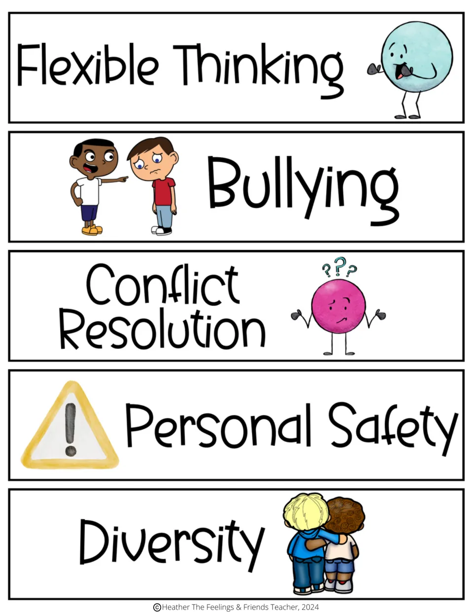 Topic cards: Flexible Thinking, Bullying, Conflict Resolution, Personal Safety, and Diversity.