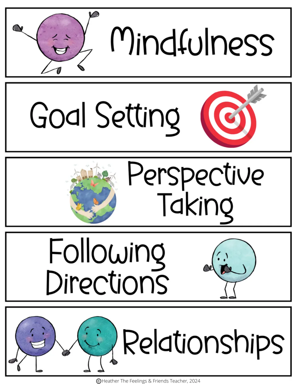 Topic cards: Mindfulness, Goal Setting, Perspective Taking, Following Directions, and Relationships.
