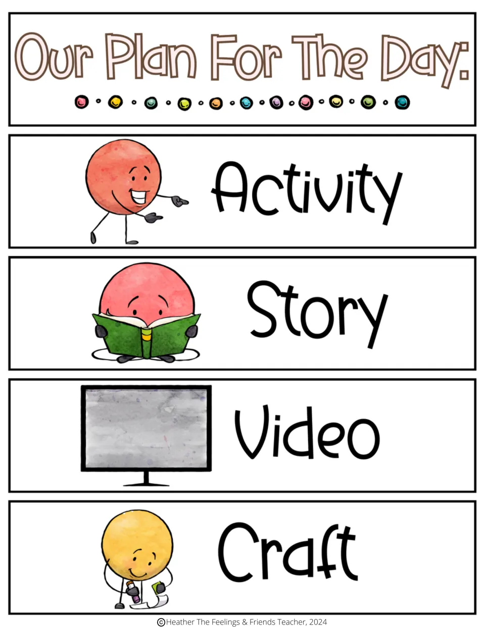 Visual schedule header Our Plan For The Day and four activity cards labeled Activity, Story, Video, and Craft.
