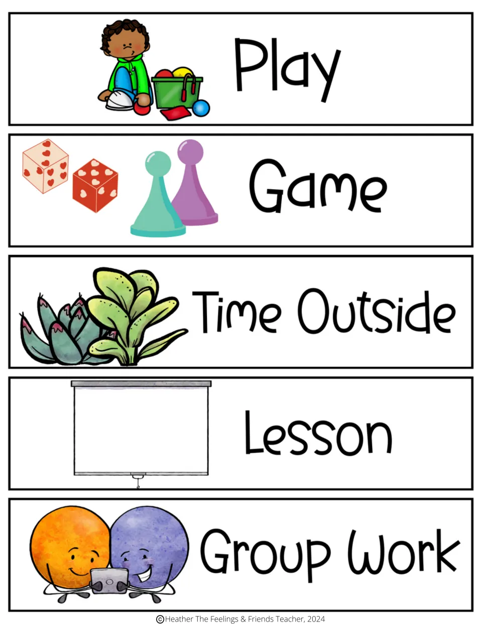 Five visual schedule activity cards labeled Play, Game, Time Outside, Lesson, and Group Work.