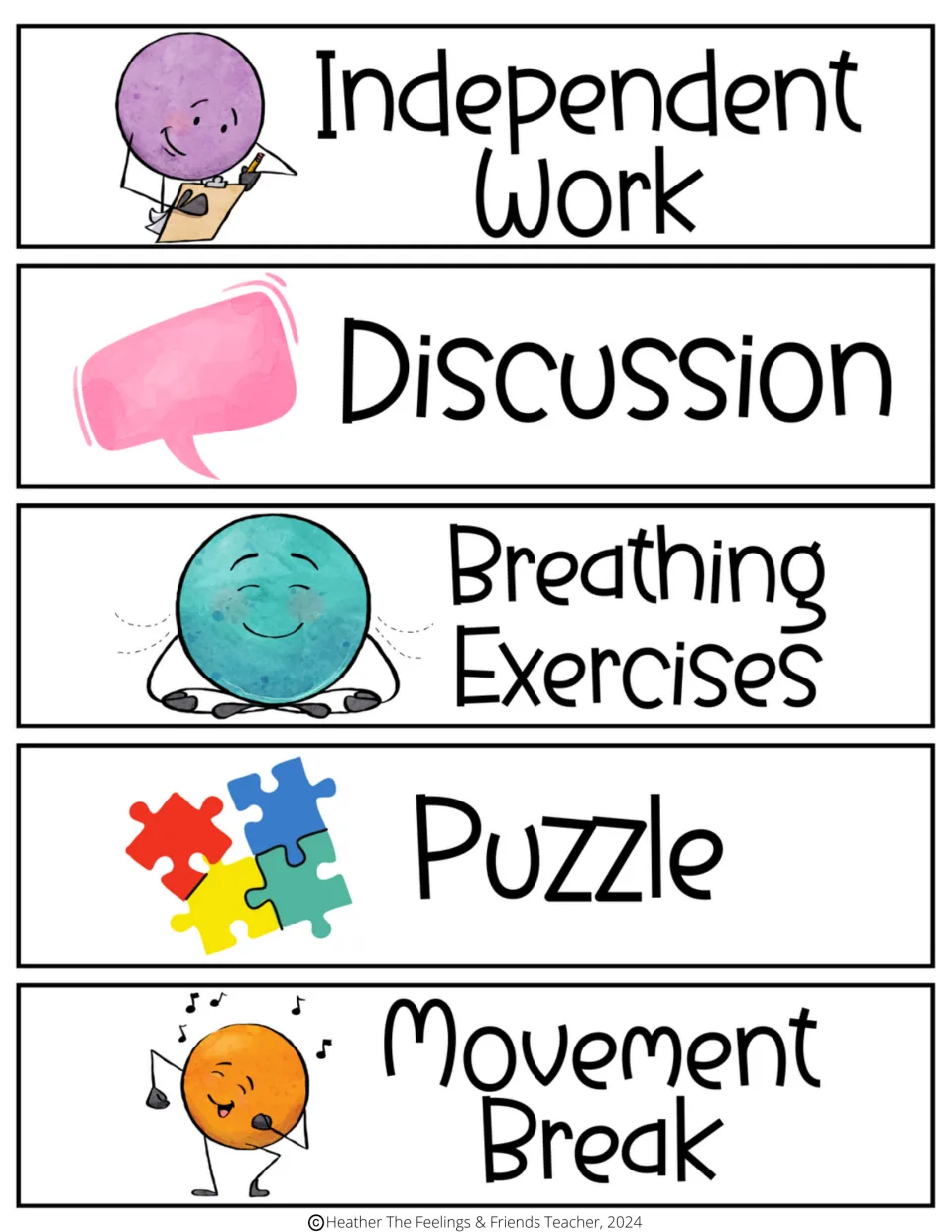 Schedule activity cards: Independent Work, Discussion, Breathing Exercises, Puzzle, and Movement Break.