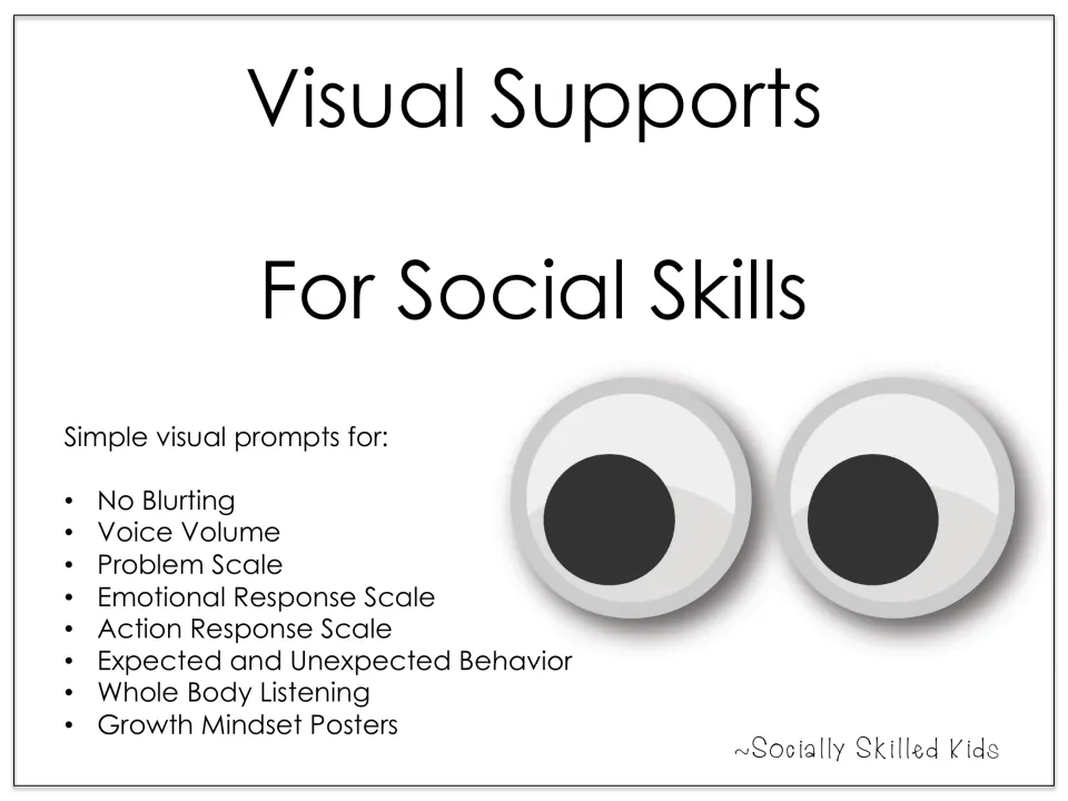 Visual Supports for Social Skills cover listing prompts for blurting, voice volume, problem and response scales and more