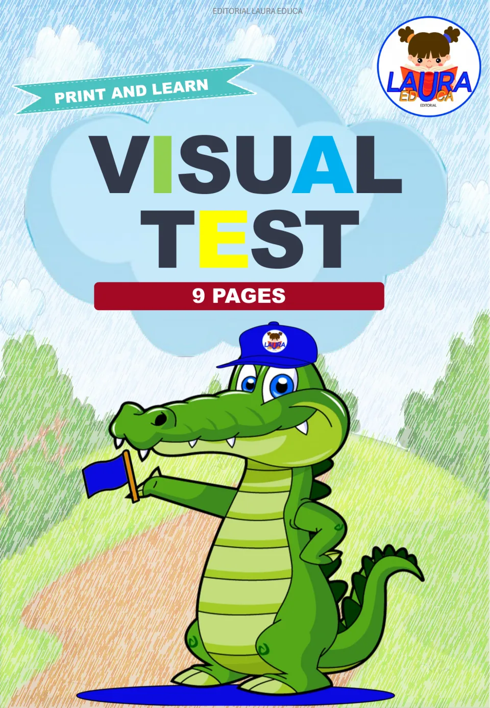 Visual Test cover from Editorial Laura Educa: Print and Learn, 9 pages, shown with a cartoon crocodile holding a flag