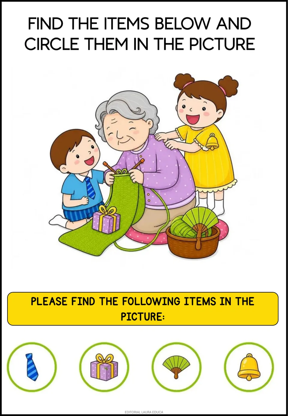 Grandma knitting scene: students practise visual scanning by finding and circling a tie, gift box, fan and bell