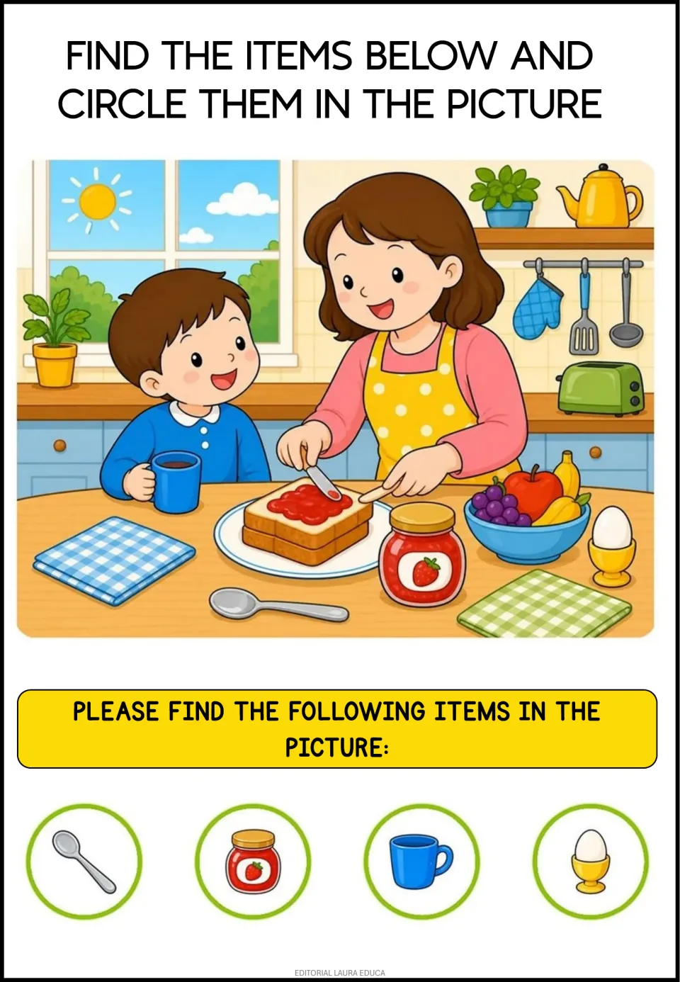 Breakfast kitchen scene: students search the picture and circle a spoon, strawberry jam jar, blue mug and egg in a cup