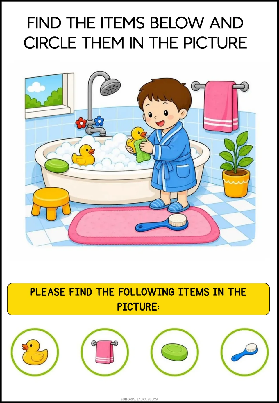 Bath time scene: students find and circle a rubber duck, pink towel, green soap bar and bath brush in the bathroom
