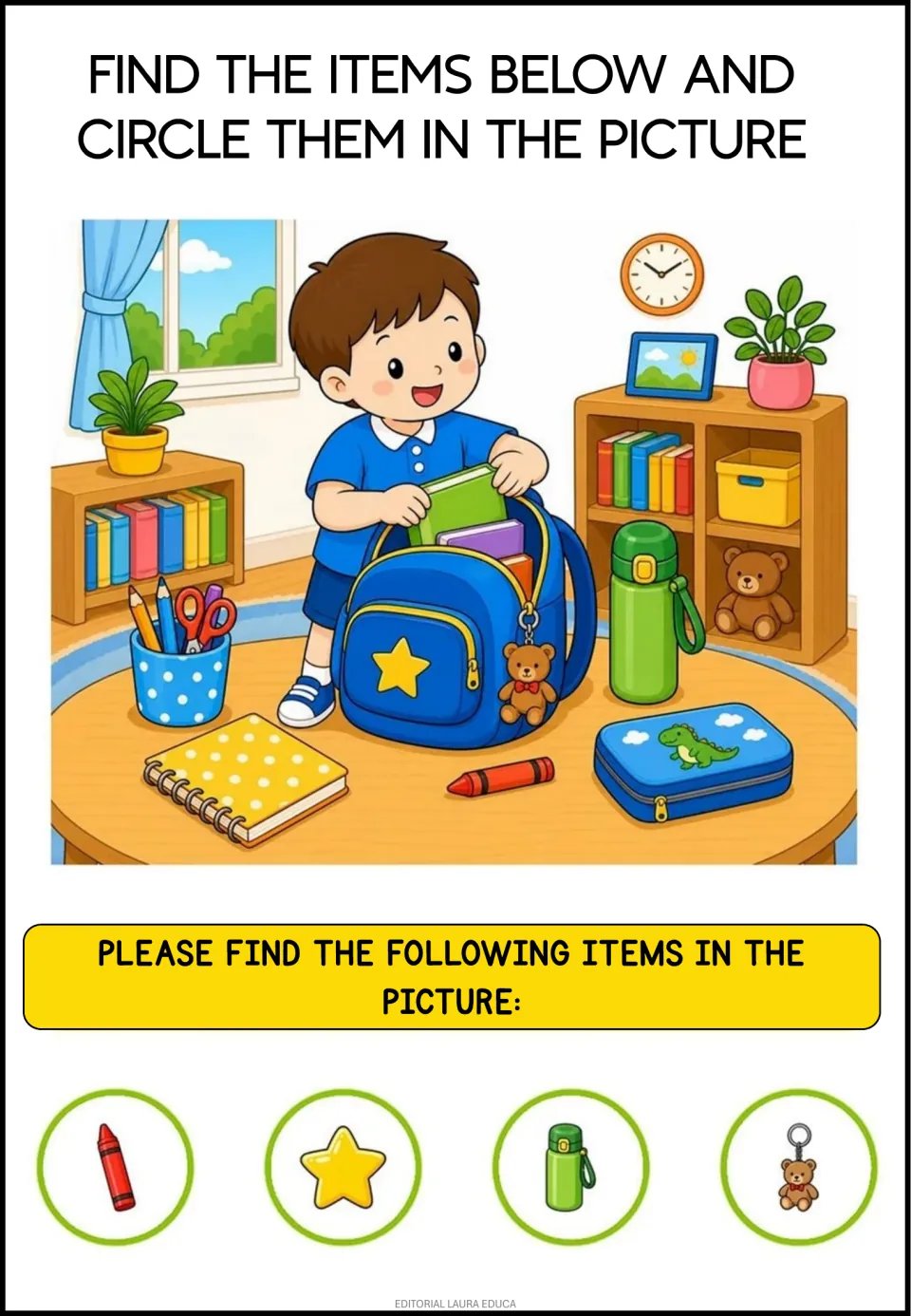 Packing a school bag scene: students locate and circle a red crayon, yellow star, green water bottle and bear keychain