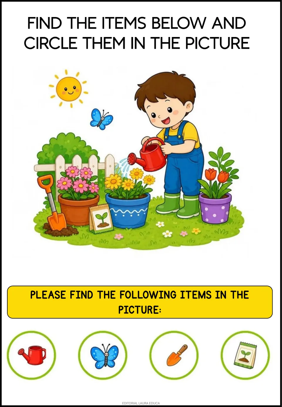Garden scene: students spot and circle a red watering can, blue butterfly, orange trowel and seed packet in the picture