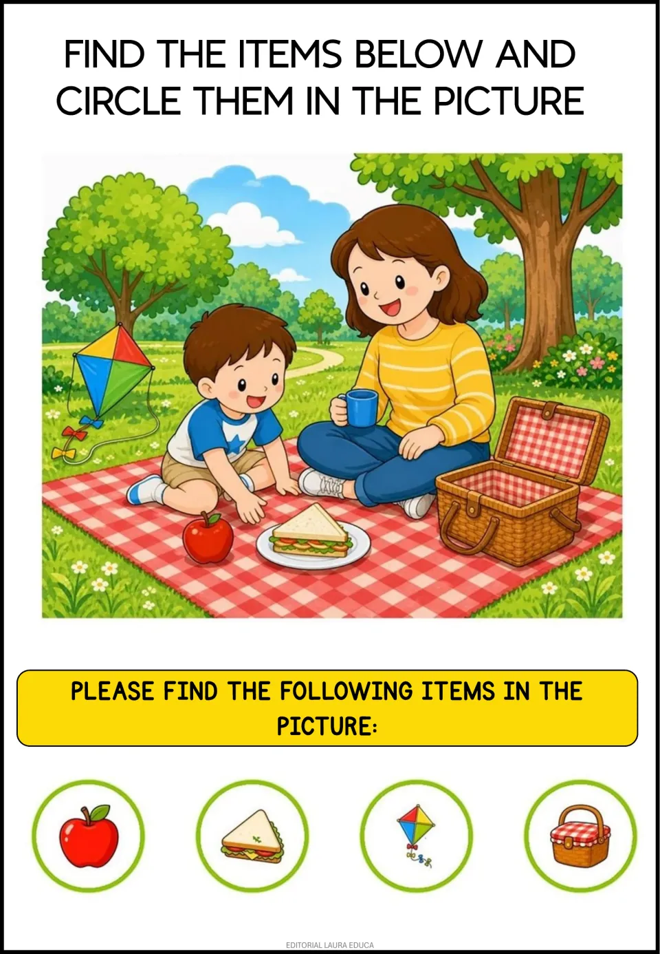 Park picnic scene: students search for and circle a red apple, sandwich, colorful kite and picnic basket on the blanket