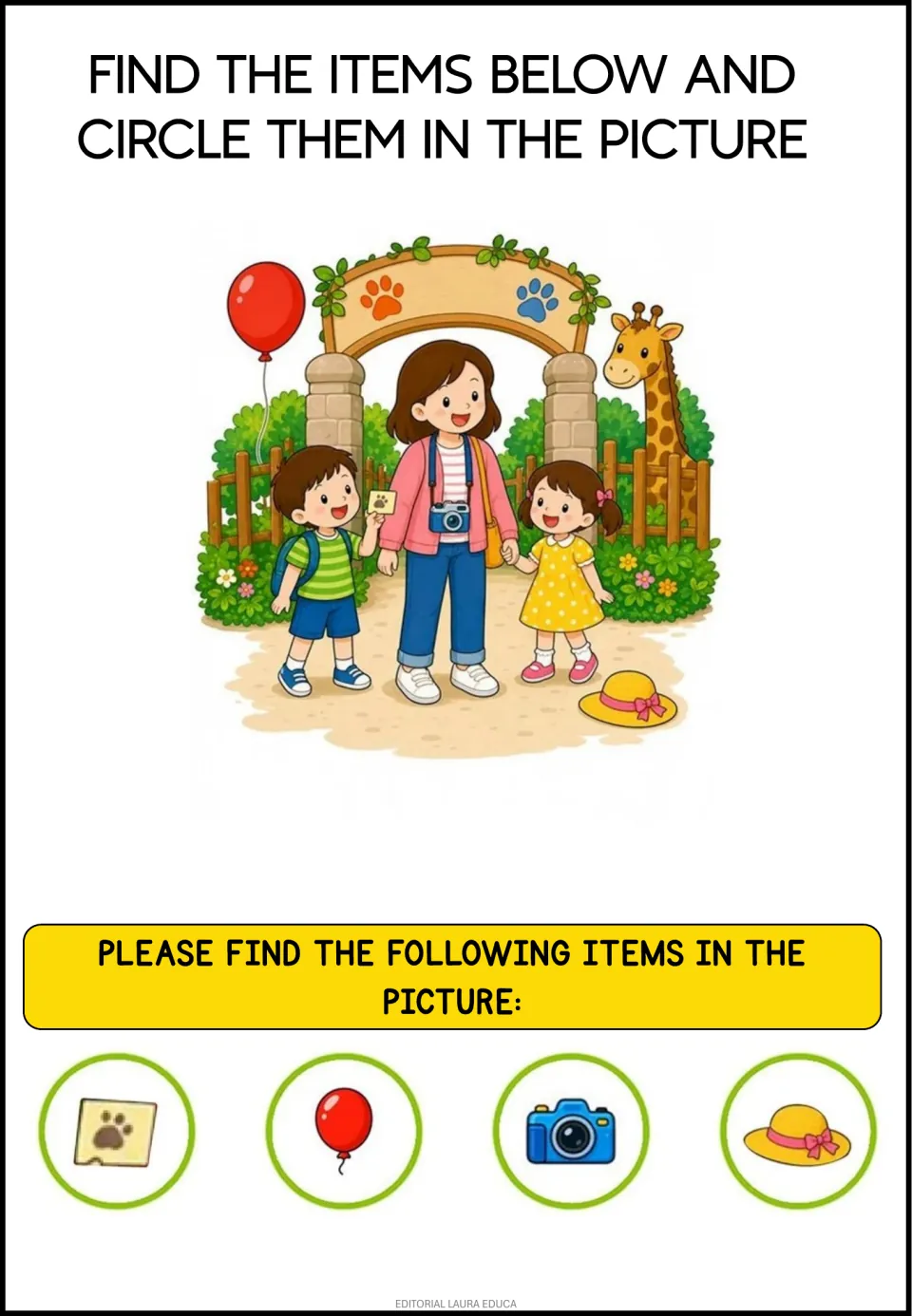 Zoo entrance scene: students find and circle a paw-print ticket, red balloon, blue camera and sun hat near the giraffe