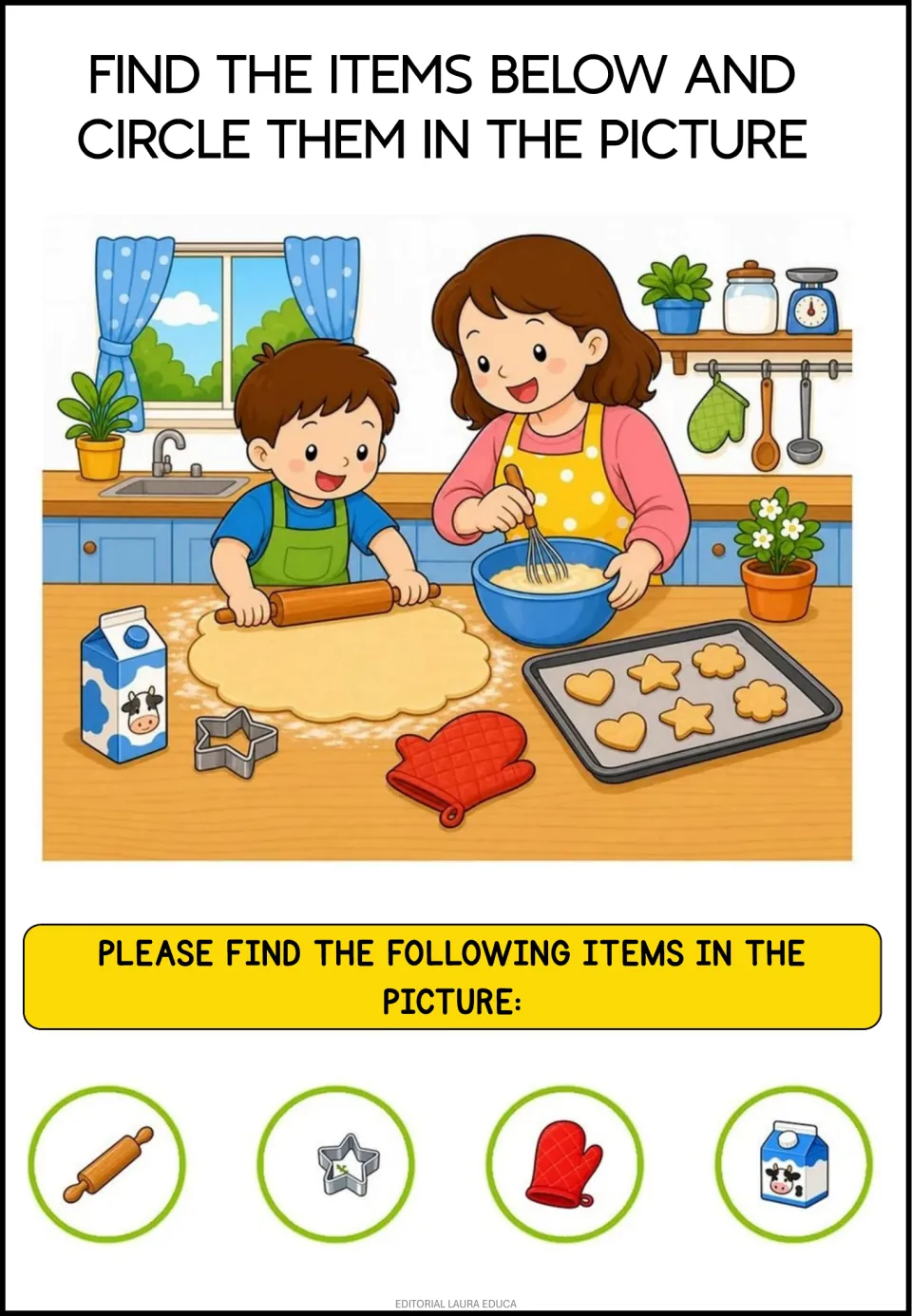 Baking cookies scene: students locate and circle a rolling pin, star cookie cutter, oven mitt and milk carton