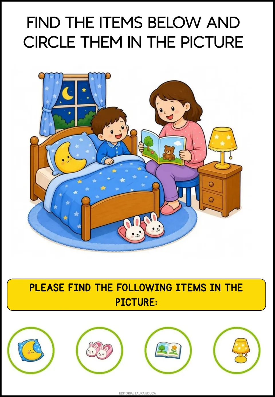 Bedtime story scene: students spot and circle a moon pillow, bunny slippers, picture book and star lamp in the bedroom