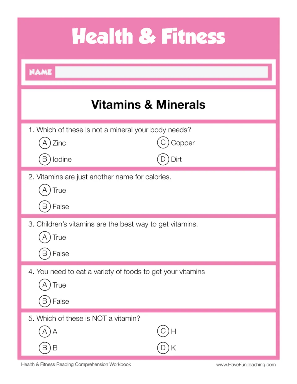 Vitamins & Minerals quiz: students answer 5 multiple-choice and true/false questions on minerals, vitamins and food variety