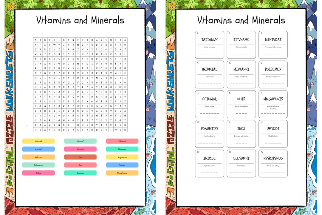 Vitamins and Minerals word search, scramble and crossword puzzle – cover
