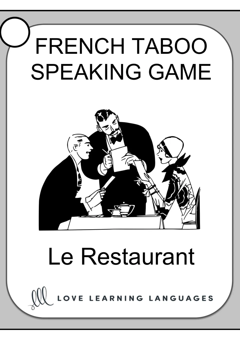 Cover of the French restaurant Taboo speaking game, labeled 'Le Restaurant' and 'Love Learning Languages'