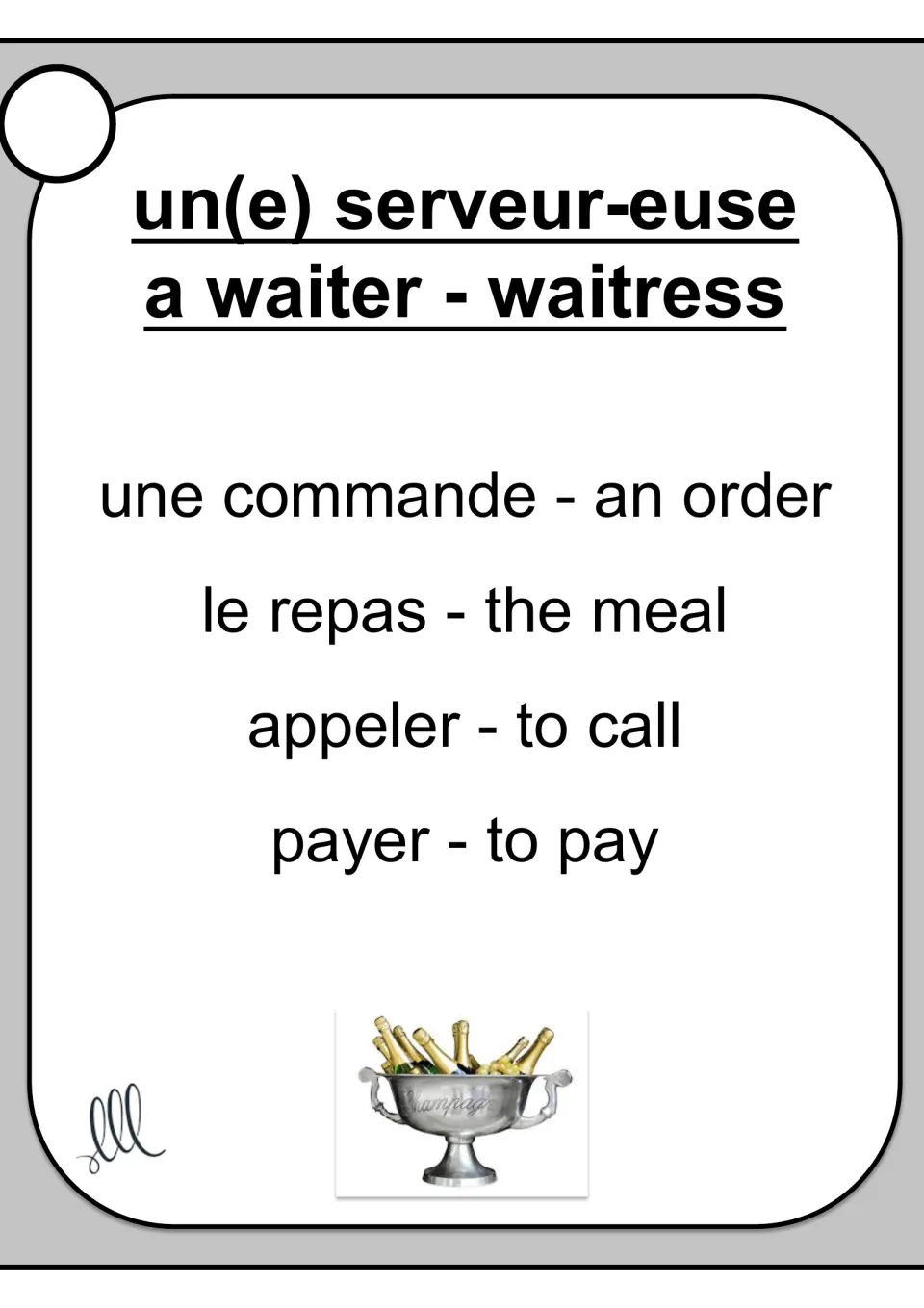 French Taboo card for serveur-euse (waiter/waitress), with order, meal, call, and pay as taboo terms