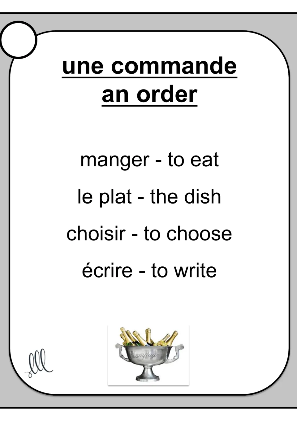 French Taboo card for une commande (an order), with eat, dish, choose, and write as the four taboo terms