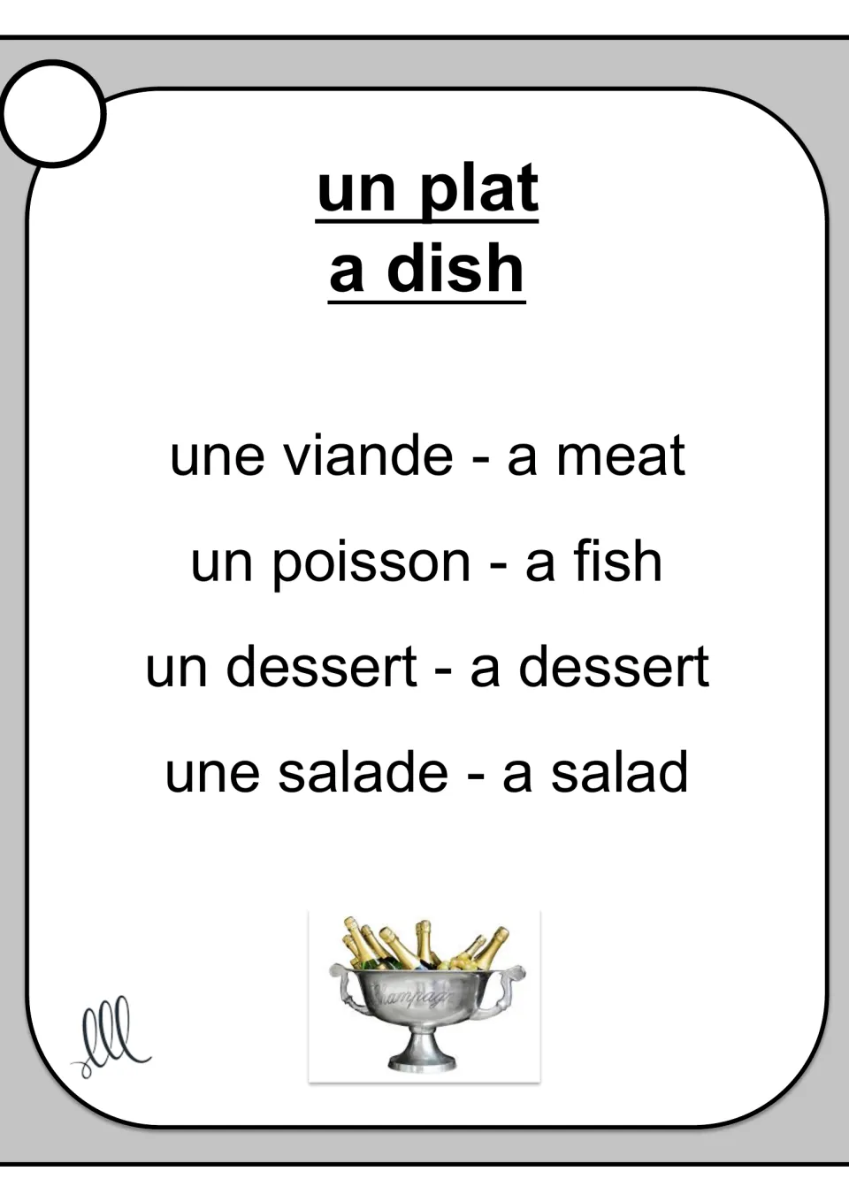 French Taboo card for un plat (a dish), with meat, fish, dessert, and salad as the four taboo terms