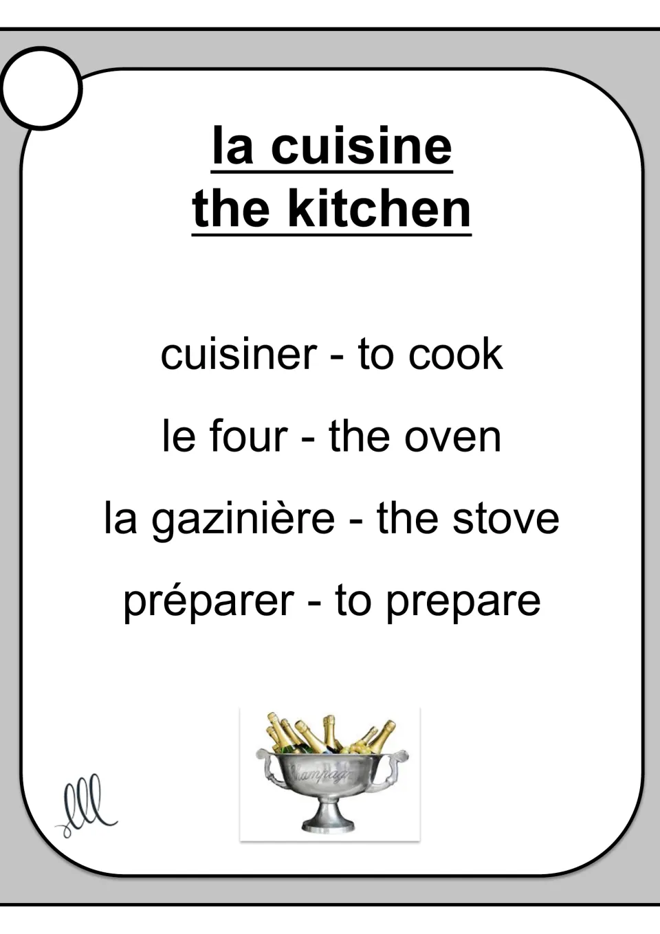 French Taboo card for la cuisine (the kitchen), with cook, oven, stove, and prepare as taboo terms
