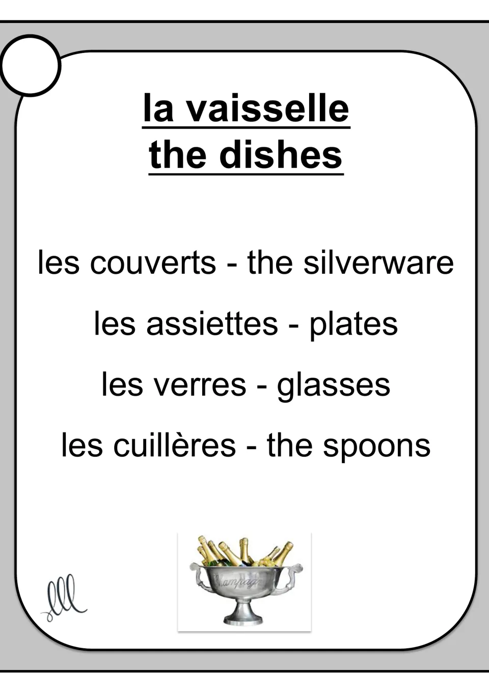 French Taboo card for la vaisselle (the dishes), with silverware, plates, glasses, and spoons as taboo terms