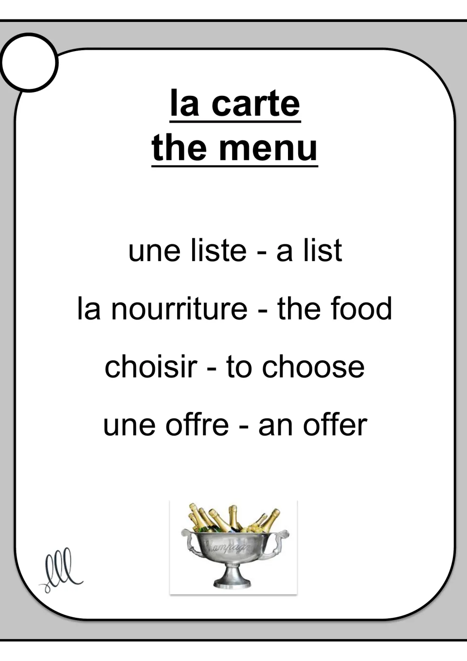 French Taboo card for la carte (the menu), with list, food, choose, and offer as the four taboo terms